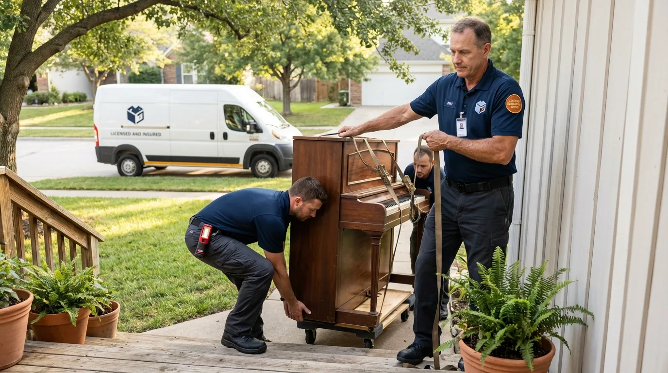 Licensed piano movers securing grand piano in Asheville, NC