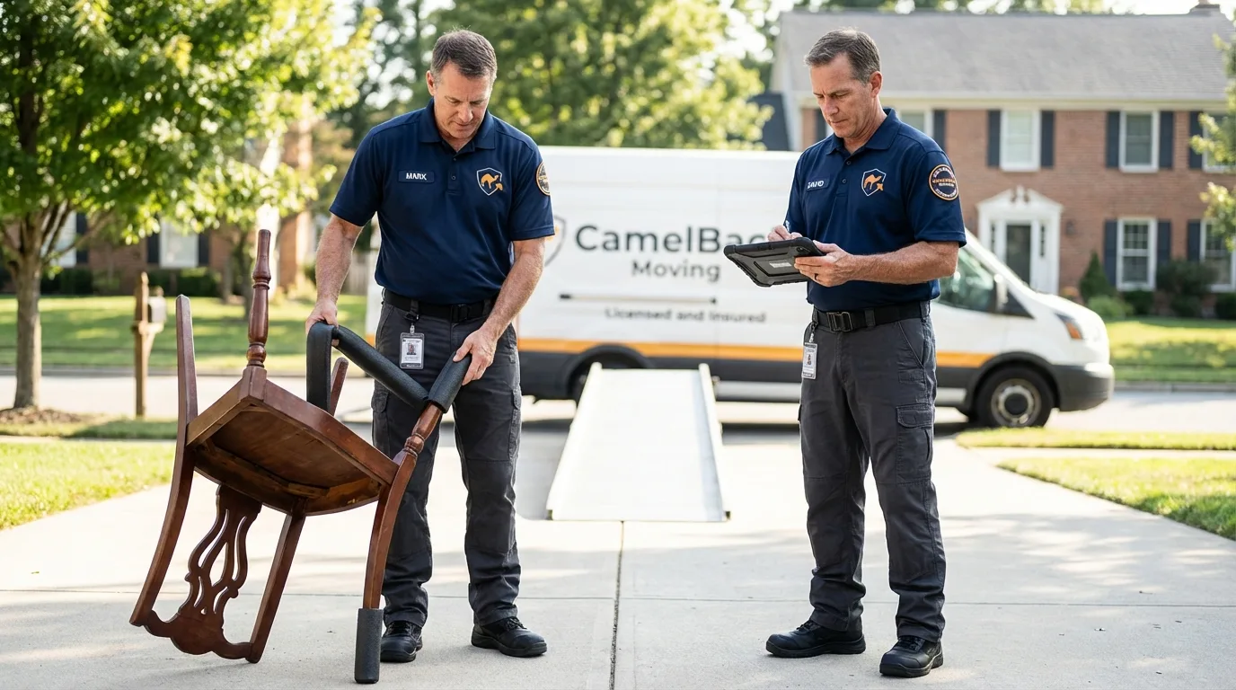 Movers inspecting furniture for damage prevention before loading in Asheville, NC