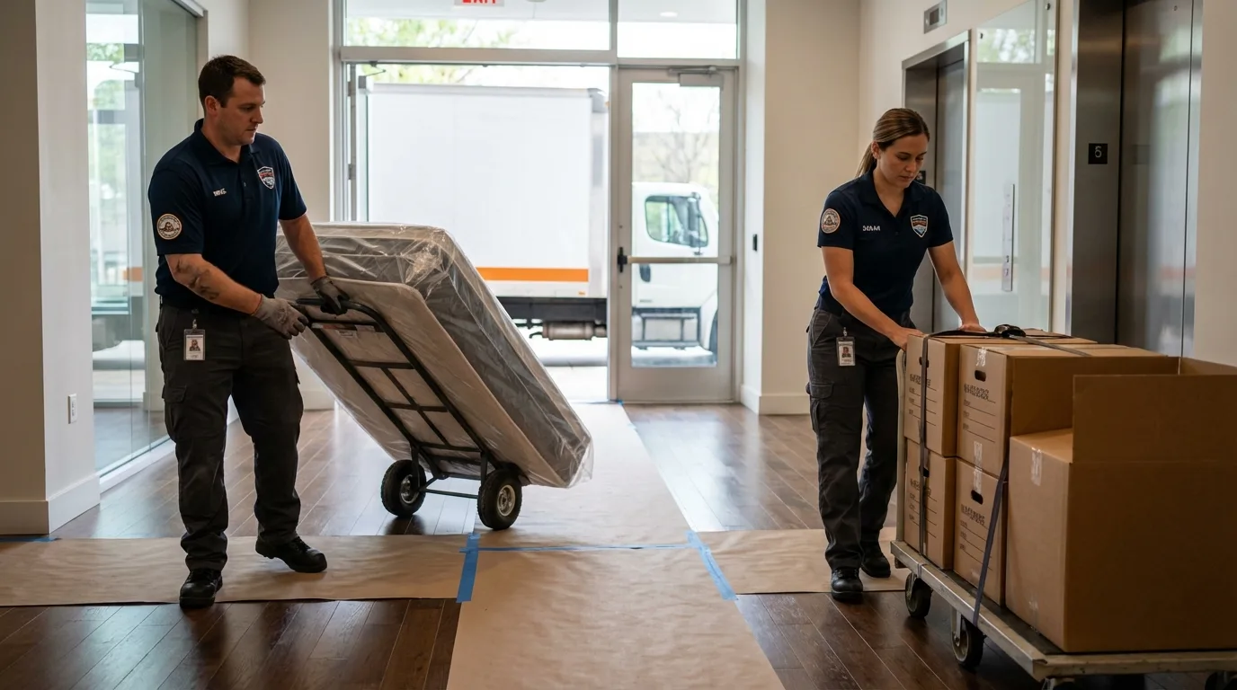Professional apartment movers loading elevator in Asheville, NC